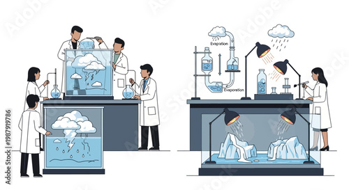 Illustrative science experiment setup showcasing climate change and Earth Day education, featuring kids in lab coats demonstrating water cycles and melting icebergs against a clean white