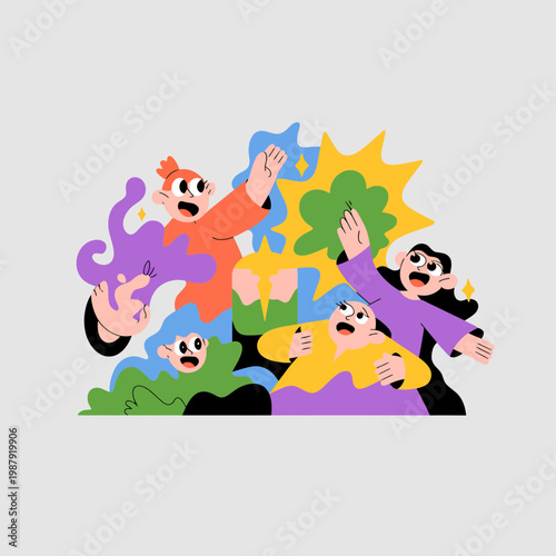 Happy People Celebrating with Colorful Stars