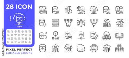 Data analytics pixel perfect line icons set. Sql database, data management. Networking technology. Isolated vector outline illustrations. Thin lineart iconset symbols. Editable stroke