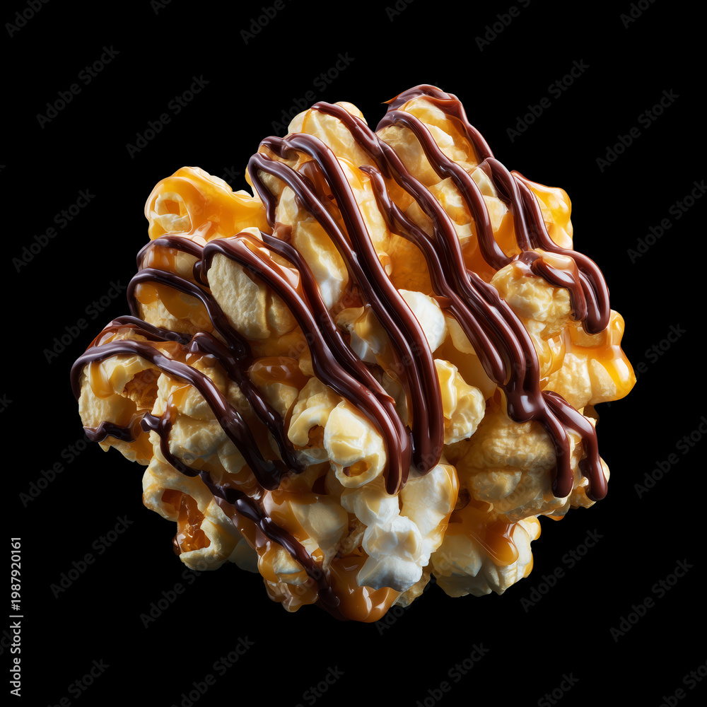 Obraz premium Chocolate popcorn cluster kernel coated in glossy golden caramel, isolated on black background, concept of gourmet snack food