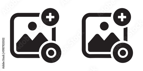 Add new image line and solid icon, picture gallery photo plus symbol with outline, vector graphics.
