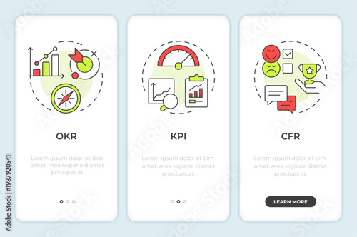 Performance review frameworks onboarding mobile app screen. Walkthrough 3 steps editable graphic instructions with linear concepts. UI, UX, GUI. Montserrat SemiBold, Regular fonts used