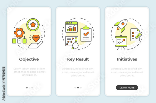 OKR methodology onboarding mobile app screen. Workflow structure. Walkthrough 3 steps editable graphic instructions with linear concepts. UI, UX, GUI. Montserrat SemiBold, Regular fonts used
