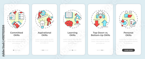 Classification of okrs onboarding mobile app screen. Professional growth. Walkthrough 5 steps editable graphic instructions with linear concepts. UI, UX, GUI. Montserrat SemiBold, Regular fonts used