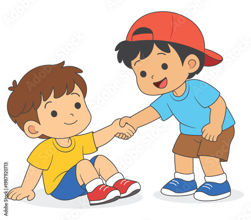 Bild auf Leinwand Kid helping friend stand up after falling, kindness and friendship cartoon illus