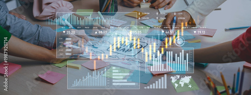 A dynamic team engages in a collaborative brainstorming session, utilizing colorful sticky notes and data visualization tools to develop effective business strategies. Scalp