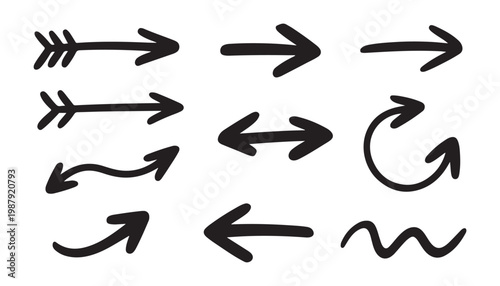 Minimalist hand drawn black arrows including straight curved and double headed pointers for navigation purpose.