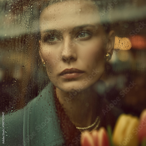 Woman gazing thoughtfully through a rainy window with tulips nearby  