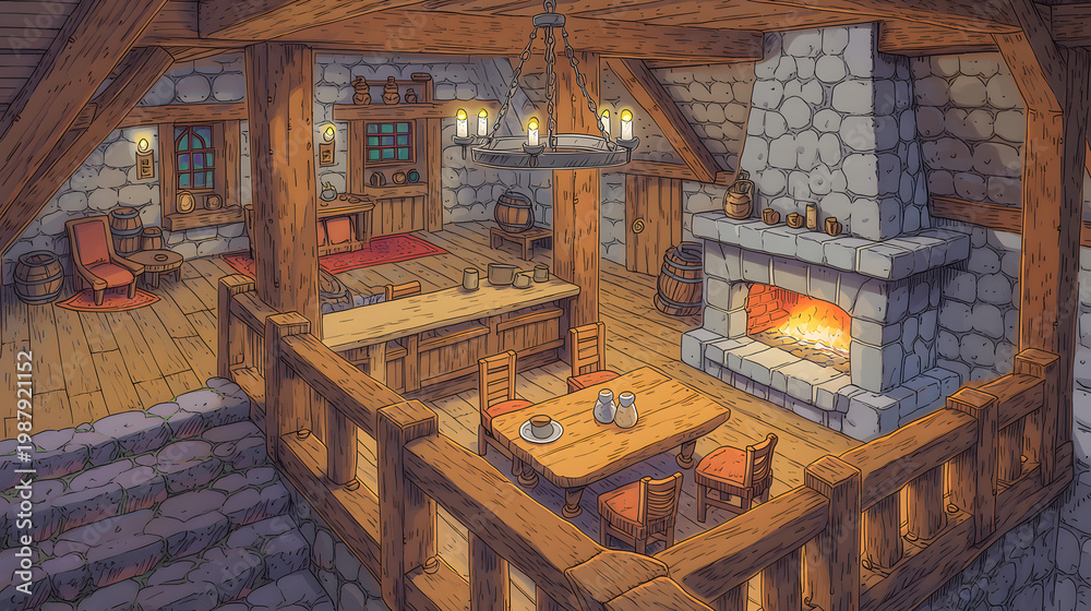 Fototapeta premium Discover the Charm of a Cozy Cabin Interior: A Rustic Retreat with Warm Fireplace, Crafted Furniture, and Inviting Ambiance for Relaxation and Comfort in Every Corner