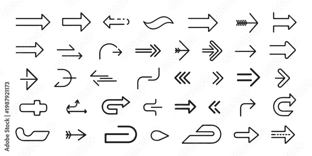 Naklejka premium Minimalist outline arrow set featuring various directional pointers for navigation and web design infographics.