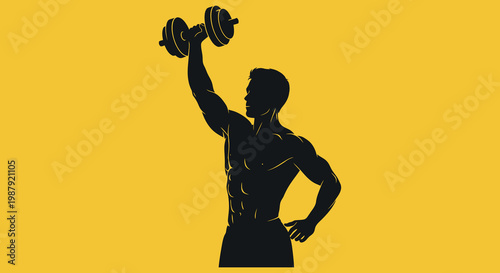 Muscular man lifting dumbbell overhead in a striking silhouette