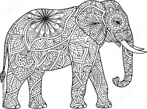 Intricate Elephant Line Art Patterned Wildlife Illustration.