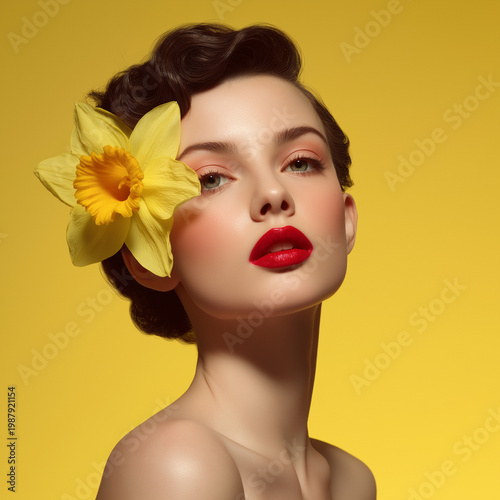 Young woman posing with flower in hair against yellow background  