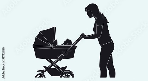 Mother pushing a baby stroller a striking black silhouette