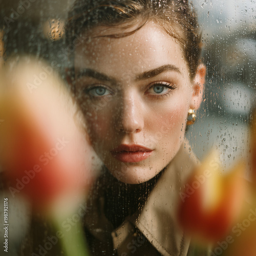 Young woman gazing through window with flowers in rainy atmosphere  
