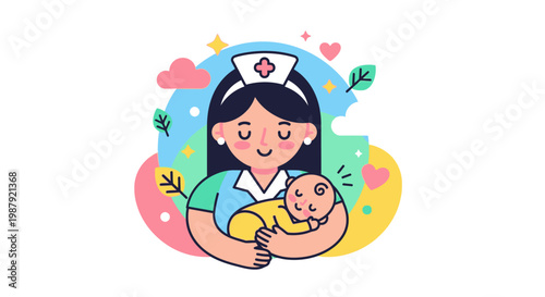 Midwife Holding Newborn Baby Flat Vector Illustration