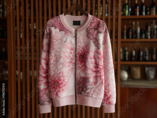 Floral patterned sweatshirt hanging on a hanger in a trendy shop  