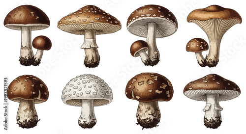 A vintage botanical illustration showcasing a diverse collection of various mushroom species