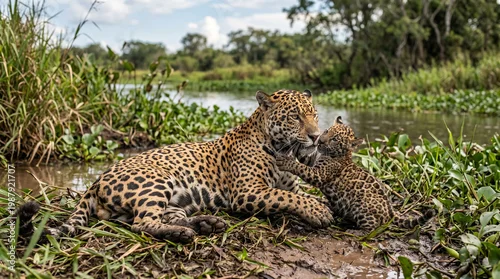 Fototapeta na wymiar Mother Jaguar and cub (Panthera onca) playing at Pantanal wetlands, Brazil. 