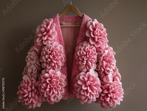 Pink floral knitted jacket on hanger against neutral background  