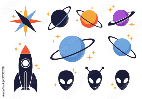 Space Exploration Vector Icon Set Featuring Rocket Ship, Saturn-style Planets, Alien Heads, and Stars in a Modern Retro Minimalist Style