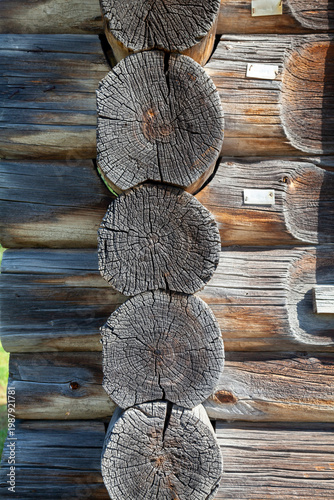Corner of Wooden Log Cabin with Notched Joint, Close-Up