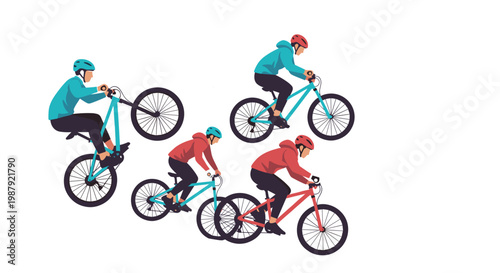 Mountain Biking and Cycling Activities Illustration Set with People Riding Bicycles, Performing Stunts and Racing Outdoor Sports Graphic Elements