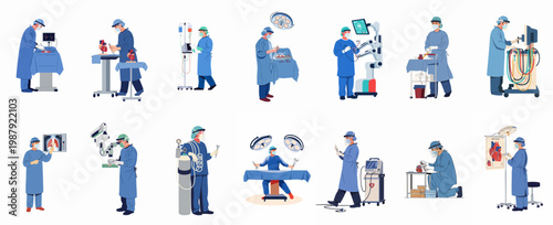Flat Vector Illustrations of Surgeons and Medical Professionals Performing Cardiac Surgery and Operating Advanced Medical Equipment in a Hospital Setting.