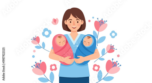 Midwife Holding Twin Babies Maternity Service Vector