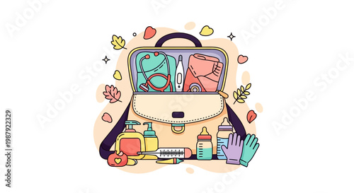 Professional Midwife Medical Bag Kit Flat Design Vector