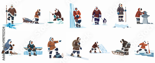 Set of vector illustrations featuring Arctic indigenous people in traditional clothing performing various daily activities like fishing, sledding, and hunting in the frozen north.