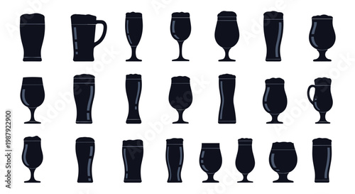 Comprehensive collection of different beer glass and mug silhouettes arranged in three rows on a solid white background for menu.