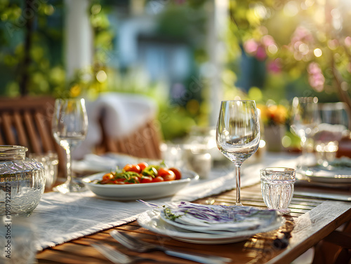 Outdoor dining setting with food and drinks on a table in a garden during late afternoon sun