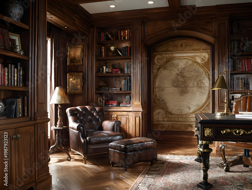 Cozy reading corner in a wooden library filled with books and a map on the wall at evening time