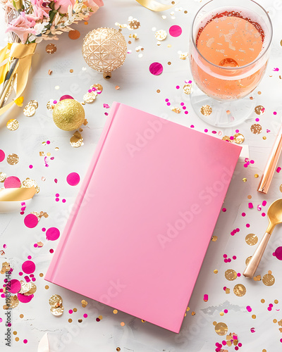Bright pink book on table with confetti, flowers, and drink during festive gathering in indoor setting