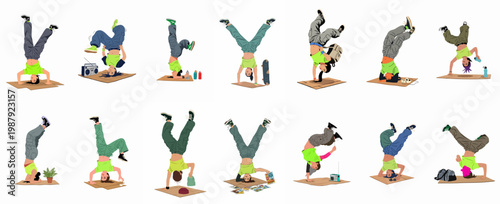 Set of vector illustrations featuring girls breakdancing, performing handstands and headstands on cardboard with street culture accessories, isolated on a white background.