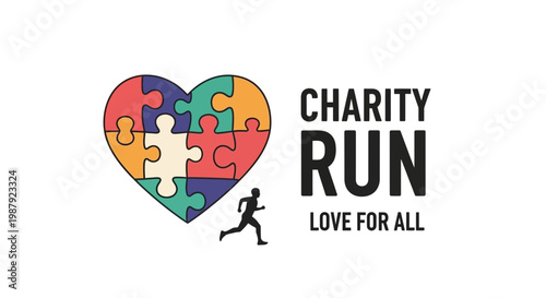 Charity Run Illustrative Design with Heart Puzzle and Running Silhouette Symbol