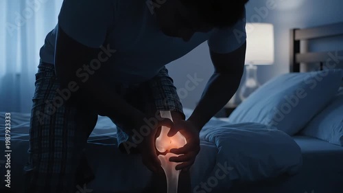 Man experiencing severe knee pain in a dark bedroom, highlighting joint discomfort and skeletal structure.