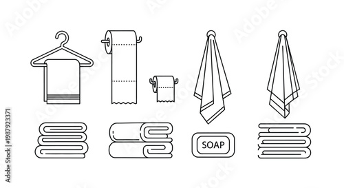 A minimalist line drawing depicts various bathroom essentials like towels toilet paper and soap
