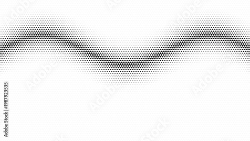 A dynamic wavy pattern of black halftone dots generates a flowing visual rhythm on a clean white backdrop