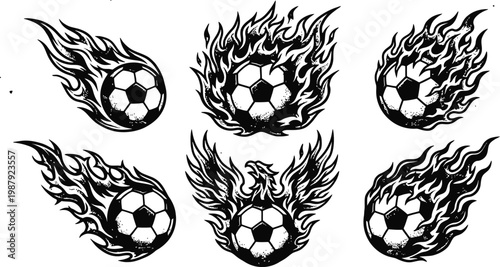 Six soccer balls with flames and wings tattoo designs  And FIFA World Cup 2026, FIFA World Cup, World Cup.