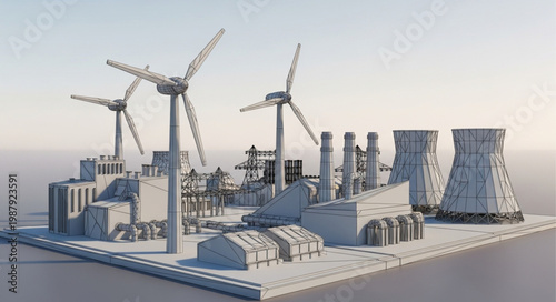 Modern Power Plant with Wind Turbines and Cooling Towers.