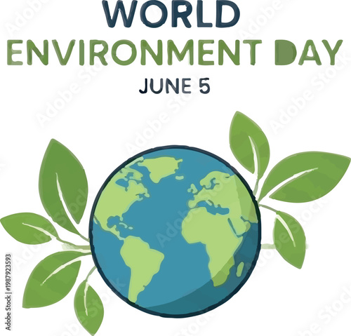 World Environment Day, eco globe icon, green leaves, earth illustration, June 5