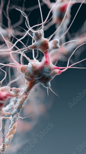 Close-up of a neuron with vibrant colors and intricate textures, showcasing neural connections.