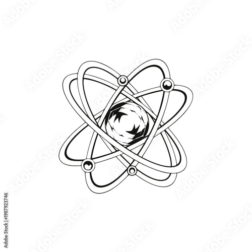 An illustration depicts an atom with swirling particles orbiting around a central sphere.