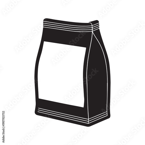 Black and white illustration of a sealed stand up pouch with rectangular label  packaging design element