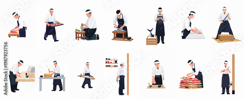 Set of flat illustrations featuring professional Japanese sushi chefs engaged in various traditional culinary tasks like cutting fish and preparing sushi.