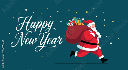 Cheerful Santa Claus Rushing To Deliver Presents For Merry Christmas And Happy New Year