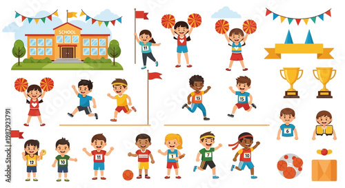Cheerful Kids Engaging In School Athletic Sports Activities In Pictorial Illustration Style