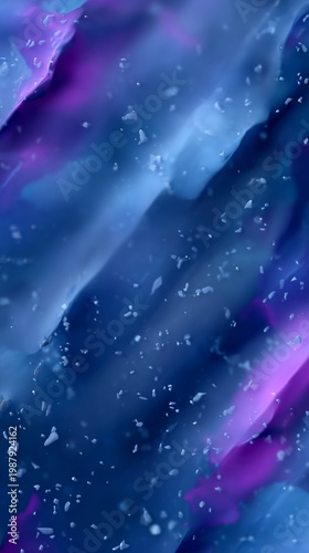 Abstract blue and purple background with floating particles and textured waves.